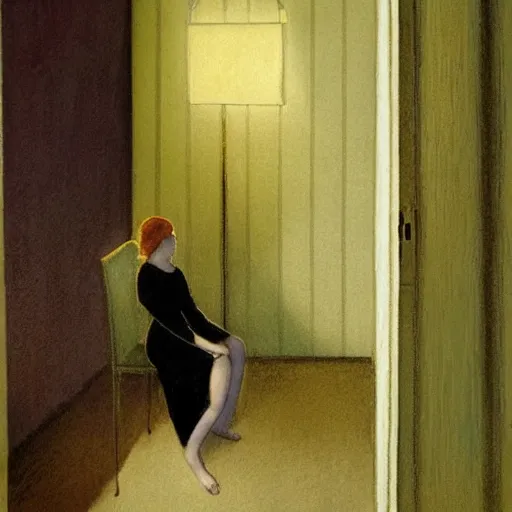 Image similar to a lonely girl in a liminal hotel room, watercolor by hammershøi, limited color palette, very intricate, art nouveau, highly detailed, lights by hopper, soft pastel colors, minimalist