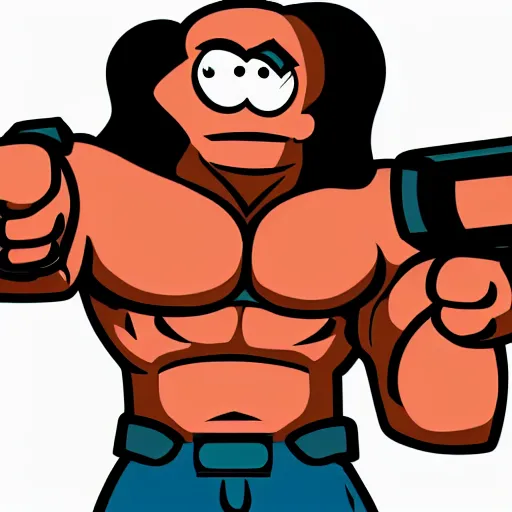 Prompt: cartoon muscular man, angry holding a oversized gun
