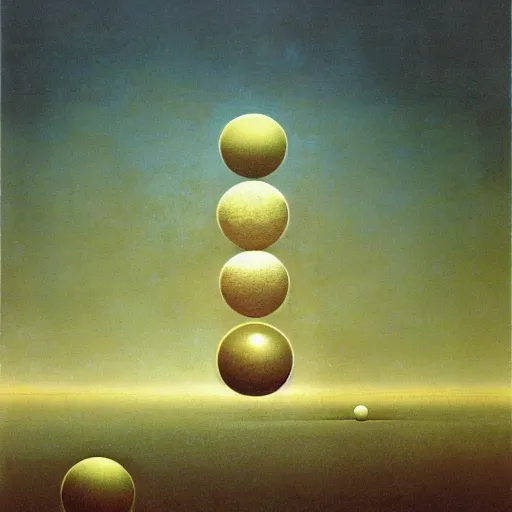 Prompt: multiple spheres floating above the horizon, spread out horizontally from left to right, zdzislaw beksinski, jim burns, bradley noah