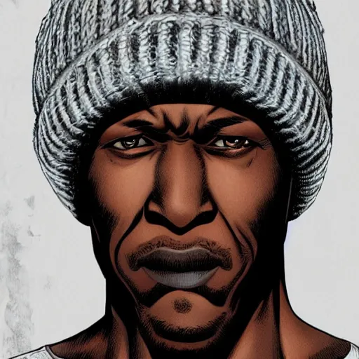 Image similar to a despondent 55 year old black man, comic book style, artgerm, wearing a beanie, highly detailed, concerned