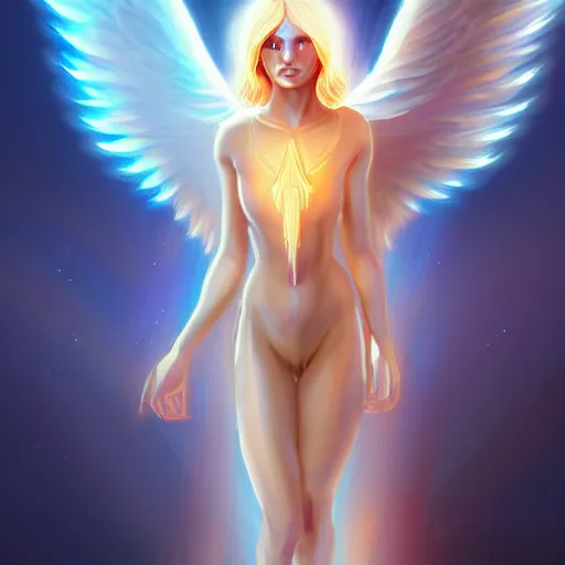 Image similar to Winged girl angel with blonde hair and glowing halo, iridescent, seraphim, fantasy, intricate, elegant, highly detailed, digital painting, artstation, concept art, smooth, sharp focus, illustration