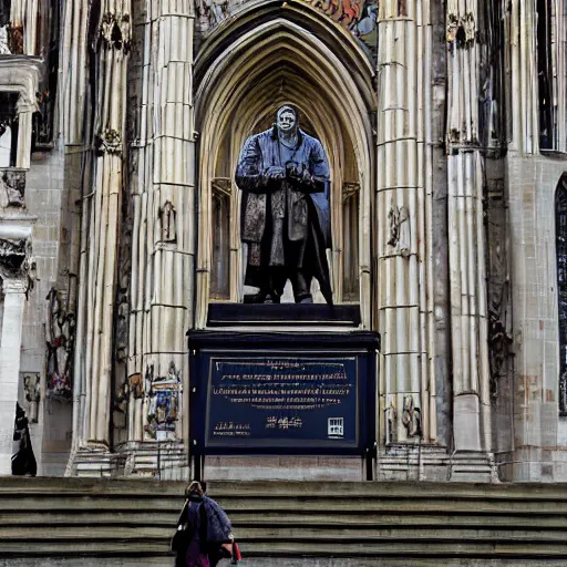 Image similar to highly detailed painting of a statue of bach infront of a cathedral, people are walking past the statue and cathedral, 4 k resolution, by jaquis luis david, visible paint layers, renaissance.