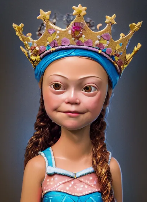 Image similar to closeup face profile portrait of tin toy greta thunberg as a fairytale princess wearing a crown eating cakes, bikini, depth of field, zeiss lens, detailed, symmetrical, centered, fashion photoshoot, by nicoletta ceccoli, mark ryden, lostfish, breathtaking, 8 k resolution, extremely detailed, beautiful, establishing shot, artistic, hyperrealistic, octane render