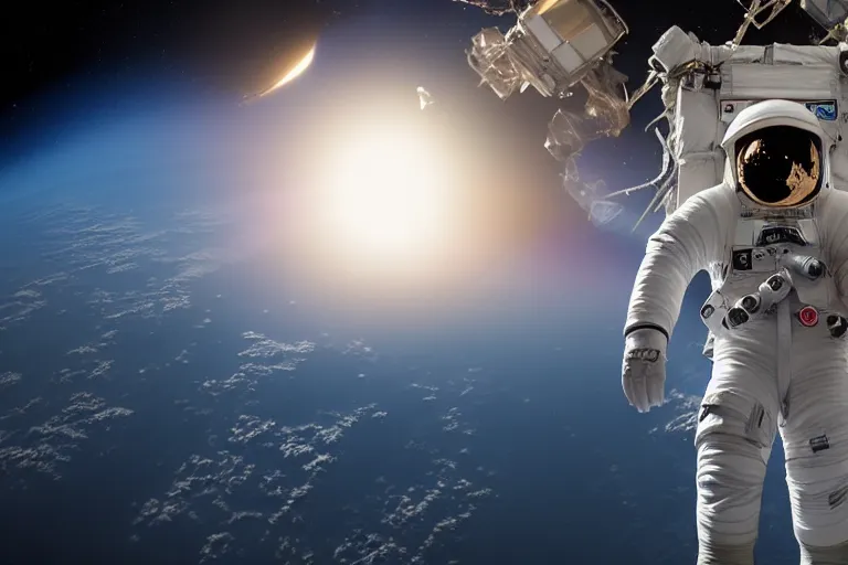 Image similar to astronaut in space wearing a spacesuit floating, international space station in background, highly detailed, photorealistic portrait, bright studio setting, studio lighting, crisp quality and light reflections, unreal engine 5 quality render