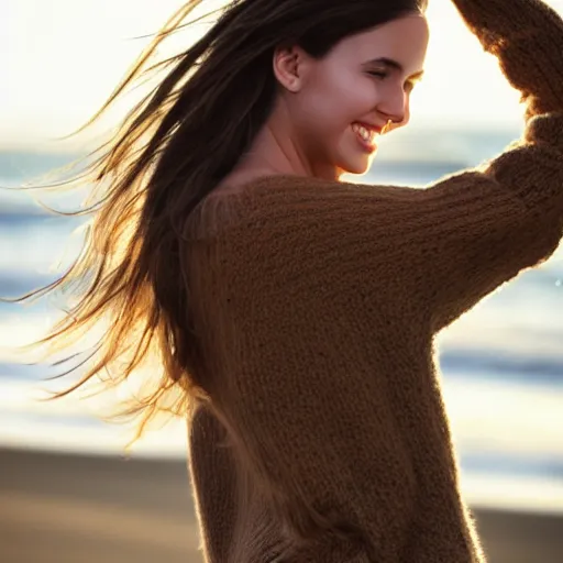 Image similar to real life photo of a beautiful girl, full body photoshoot, long brown hair, brown eyes, full round face, short smile, belly free, brown sweater, beach setting, cinematic lightning, medium shot, mid - shot, highly detailed, trending on artstation, unreal engine 4 k, 8 0 mm, 8 5 mm, cinematic wallpaper