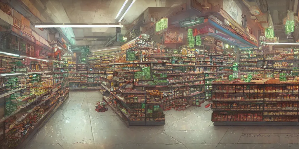 Image similar to cyberpunk grocery store overview mapa design, Moebius, Greg Rutkowski, Zabrocki, Karlkka, Jayison Devadas, Phuoc Quan, trending on Artstation, 8K, ultra wide angle, pincushion lens effect