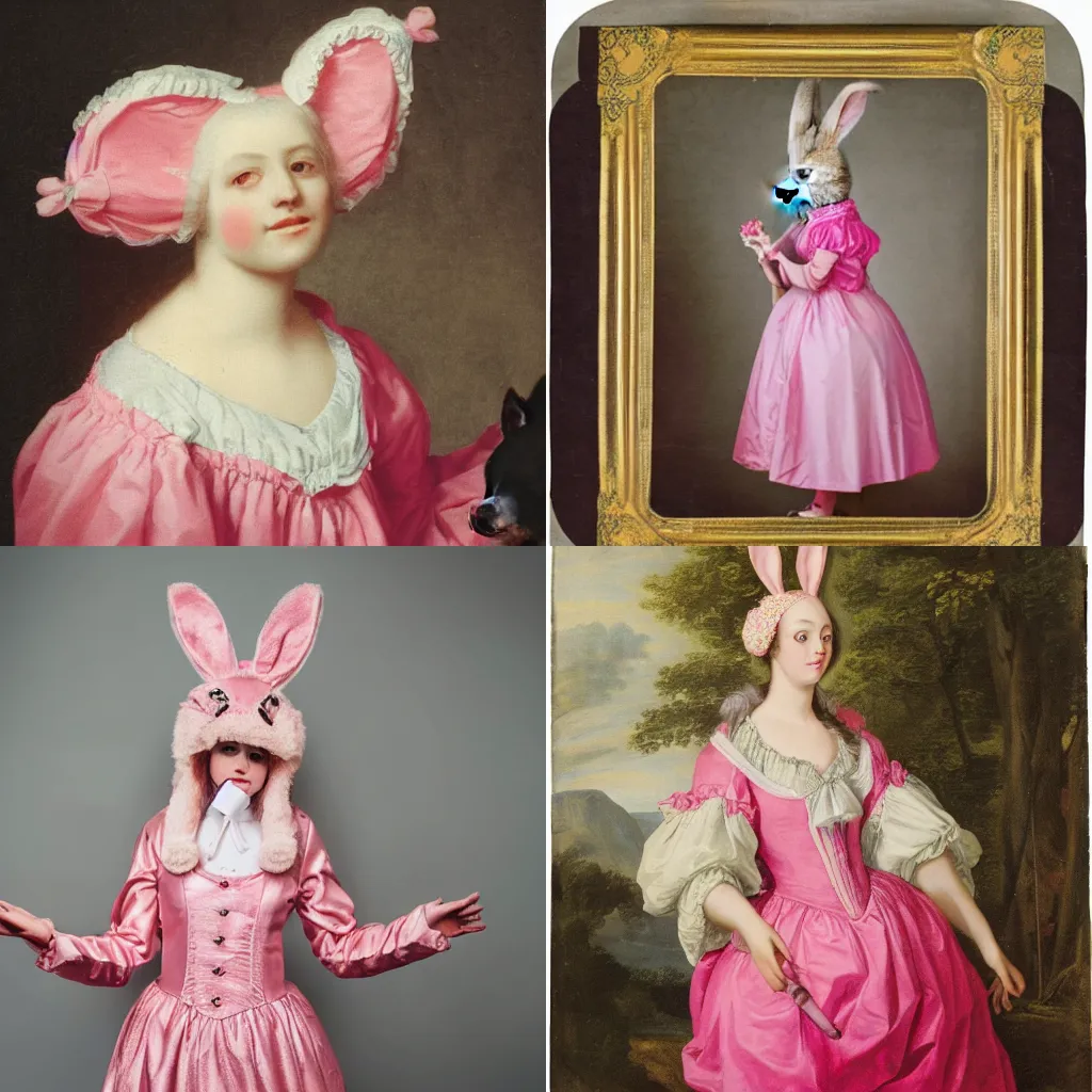 Prompt: photograph of an alternative young woman wearing a pink rococo dress with a bunny hood