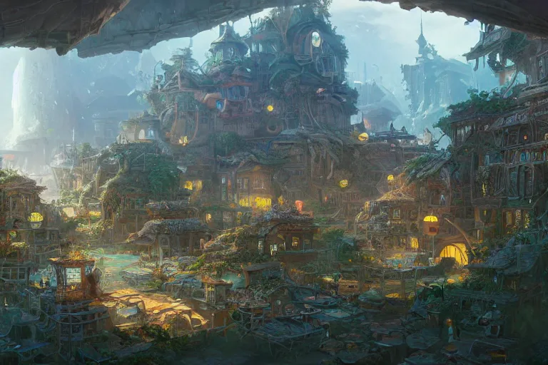 Prompt: solarpunk village, concept art, intricate and detailed environment, intricate lining, artstation, trending, sharp focus, cinematic lighting by feng zhu, shaddy safadi, noah bradley, tyler edlin, jordan grimmer, darek zabrocki, neil blevins, tuomas korpi