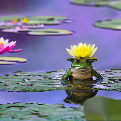 Image similar to fantasy art, close - up of a frog in a small crown!!! in the pond with water lilies, shallow depth of field, highly detailed, autumn, rain, masterpiece, matte painting, sharp focus, matte painting, by isaac levitan, by monet, asher brown durand,