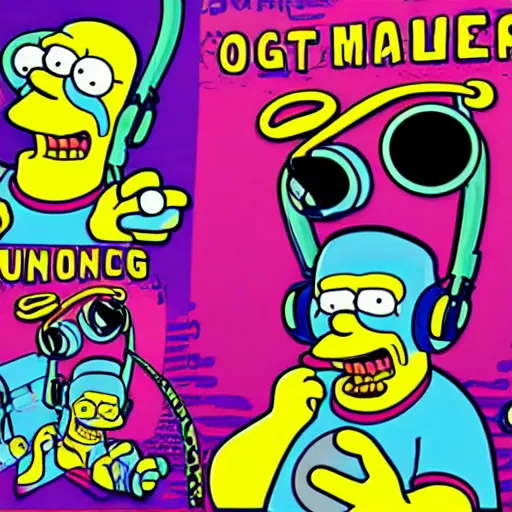 Image similar to svg sticker of a Homer-Simpson at a rave, spinning records, giant headphones rocking out, wearing headphones, huge speakers, dancing, rave, DJ, spinning records, digital art, amazing composition, rule-of-thirds, award-winning, trending on artstation, featured on deviantart