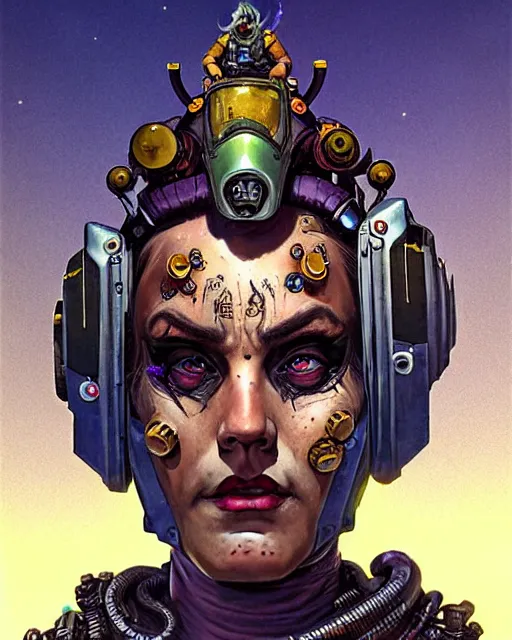 Prompt: junker queen from overwatch, mohawk, braids, face paint around eyes, character portrait, portrait, close up, concept art, intricate details, highly detailed, vintage sci - fi poster, retro future, in the style of chris foss, rodger dean, moebius, michael whelan, and gustave dore