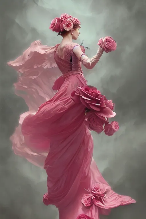 Prompt: woman dressed in a vaporous wrapped large victorian pink red roses silk semi-transparent dress fashion is running D&D, fantasy, intricate, elegant, highly detailed, digital painting, artstation, concept art, matte, sharp focus, illustration, art by Artgerm and Greg Rutkowski and Alphonse Mucha