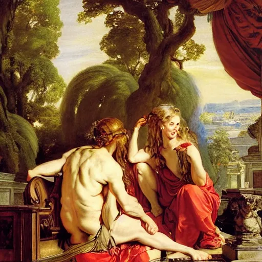 Image similar to beautiful painting of Apollo and Ganymede with long curly blond hair, wearing wispy silken gossamer robes, in the imperial palace at golden hour, relaxing, by Peter Paul Rubens and Norman Rockwell