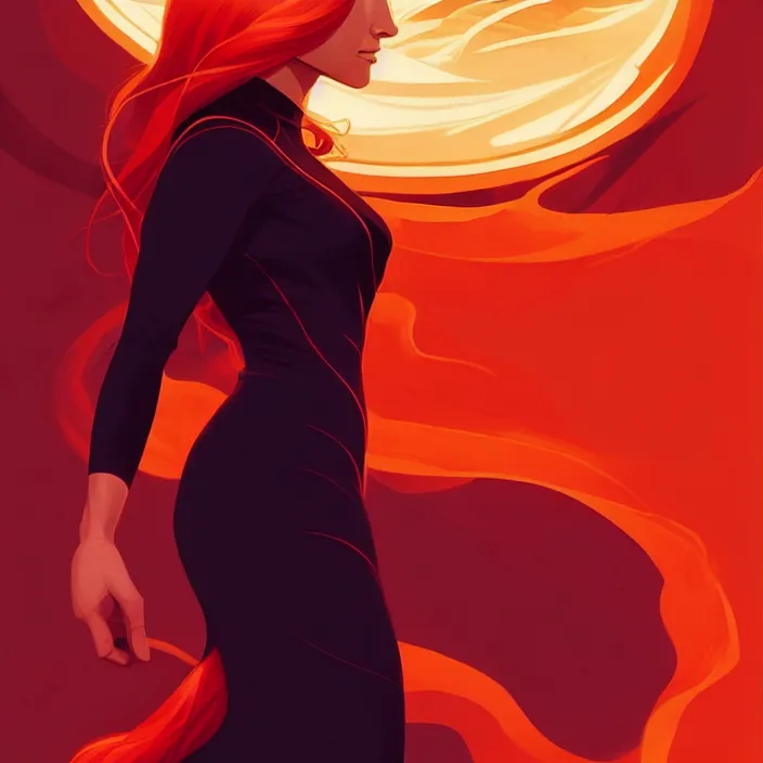 Image similar to style artgerm, joshua middleton : : beautiful kristen bell with dark red dress, very long orange hair, symmetrical face, symmetrical eyes : : fire powers fire swirling : : [ detailed, volcano setting ] : : cinematic lighting