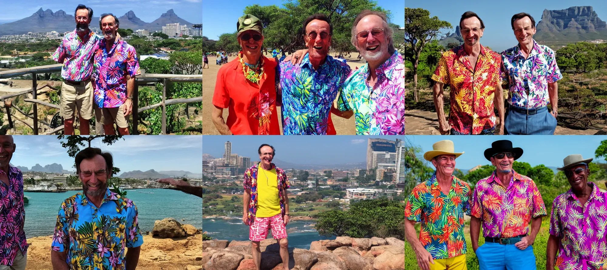 Prompt: a colorful vibrant candid vacation photo of abraham lincoln smiling in south africa wearing shorts and an aloha shirt tourist Johannesburg in background