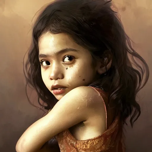 Image similar to a brown asian vampire girl, child, freckles, enigmatic look, elegant dress, fangs, messy curly hair, embers intricate and very beautiful and elegant, highly detailed, digital painting, artstation, concept art, smooth and sharp focus, cg by tian zi and wlop and alphonse mucha