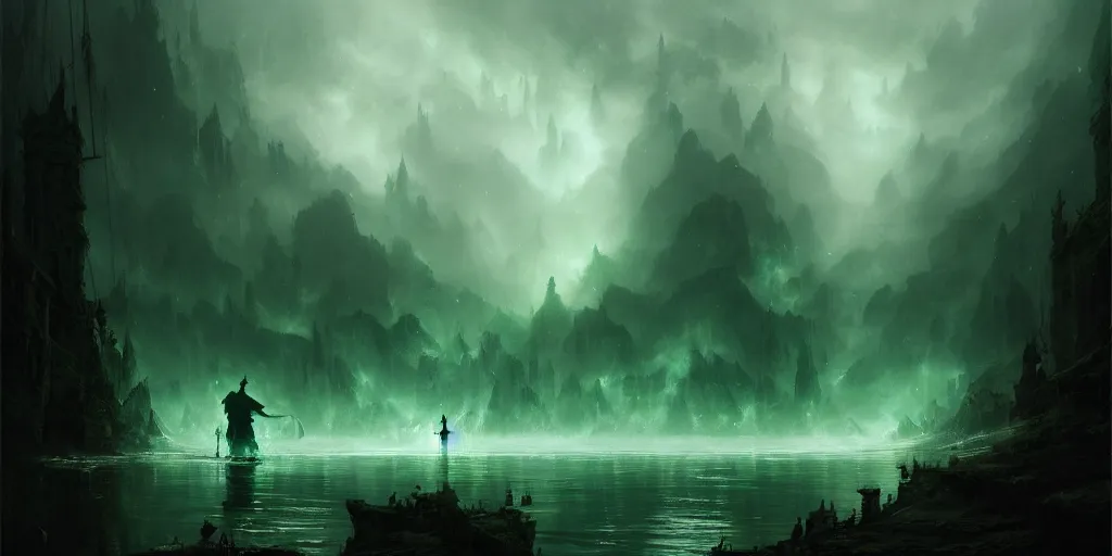 Image similar to magical subterranean river styx, a man in a cape on a boat with a sword, ethereal swirling green mist, dramatic lighting, magical atmosphere,, gothic illustration, greg rutkowski, andreas rocha, ashley wood, soft edges, low detail, trending on artstation