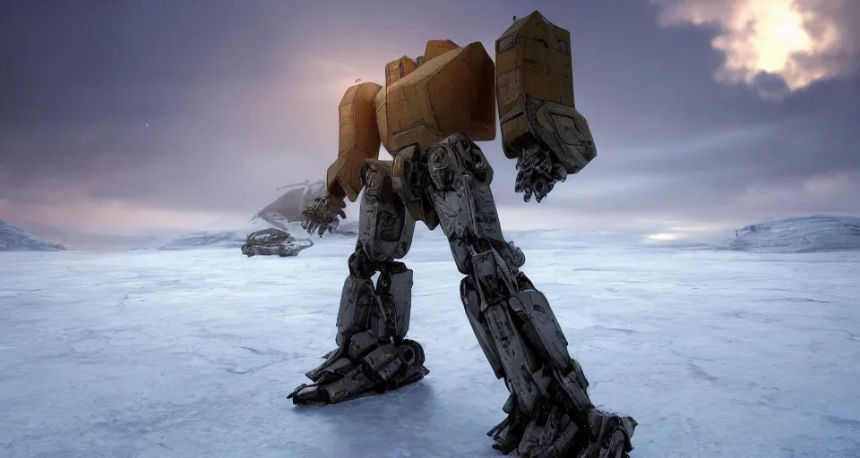 Image similar to mechwarrior standing in a vast, icy landscape, snow, blizzard, sunset, atmospheric, by artgerm, 8 k, octane render, unreal engine, artstation, concept art