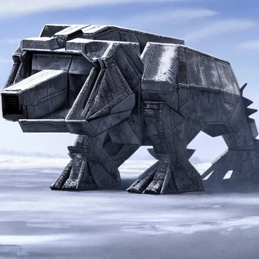 Image similar to a fusion between the tarrasque and an AT-AT, flat grey color, completely metal, gun turrets on shoulders, walking across ice planet, hyper-realistic CG