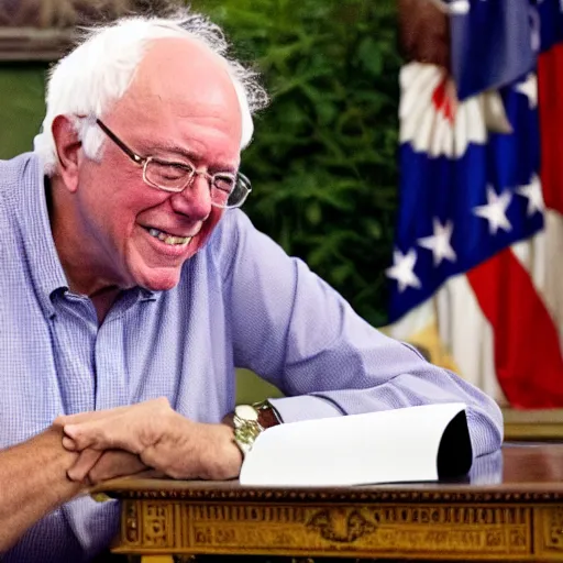 Prompt: president bernie sanders smiling in the oval office