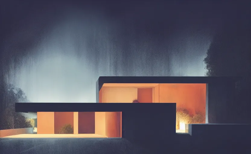 Prompt: An Exterior wide angle shot painting of a modern architecture House with neon lights by Peter zumthor and James Turrell, Craig Mullins ,Cinematic atmospheric sad and cinematic lighting, Trending on artstation, Archviz, Archdaily, Deezen, Design milk, Architectural visualisation