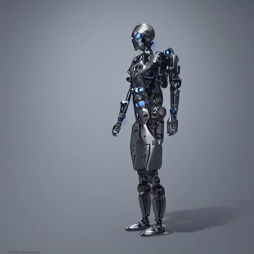 Image similar to futuristic cyborg made of graphene, metallic surface, futuristic, 8 k, dramatic light, unreal engine