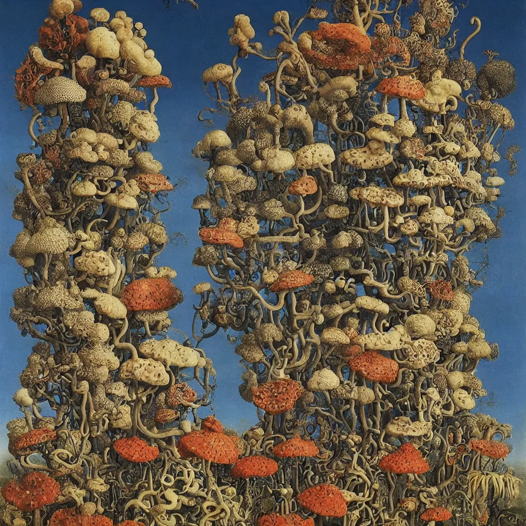 Image similar to a single colorful! ( lovecraftian ) fungus tower white! clear empty sky, a high contrast!! ultradetailed photorealistic painting by jan van eyck, audubon, rene magritte, agnes pelton, max ernst, walton ford, andreas achenbach, ernst haeckel, hard lighting, masterpiece