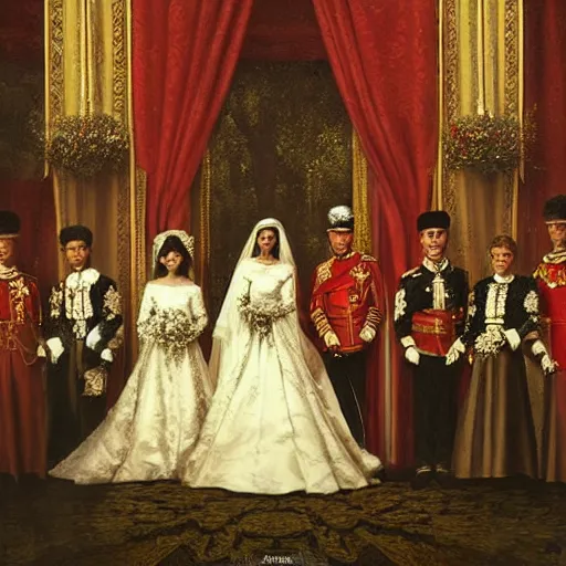 Prompt: Photograph of a royal wedding for queens, vertical symmetry, photograph, high detail, vintage shading, warm colors by Ilya Repin and artgerm