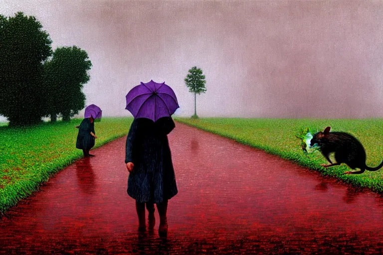 Prompt: a family of rats scurrying across a drenched field in a torrential rainstorm, in the style of rene magritte, intricate and epic composition, red by caravaggio, insanely quality, highly detailed, masterpiece, purple light, artstation, 4 k