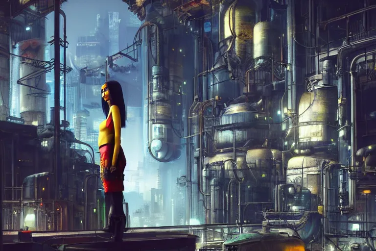Prompt: Beautiful minion in cyberpunk industrial powerplant looking at homeless Sasha grey featured on artstation, cinematic chiaroscuro, photorealistic, unreal engine