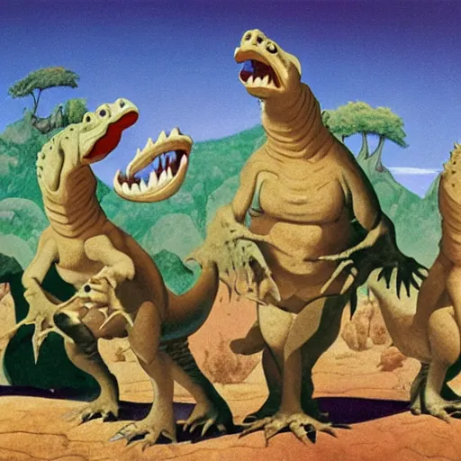 Image similar to a group of pachycephalosaurus laughing about something, dinsosaurs, roger dean