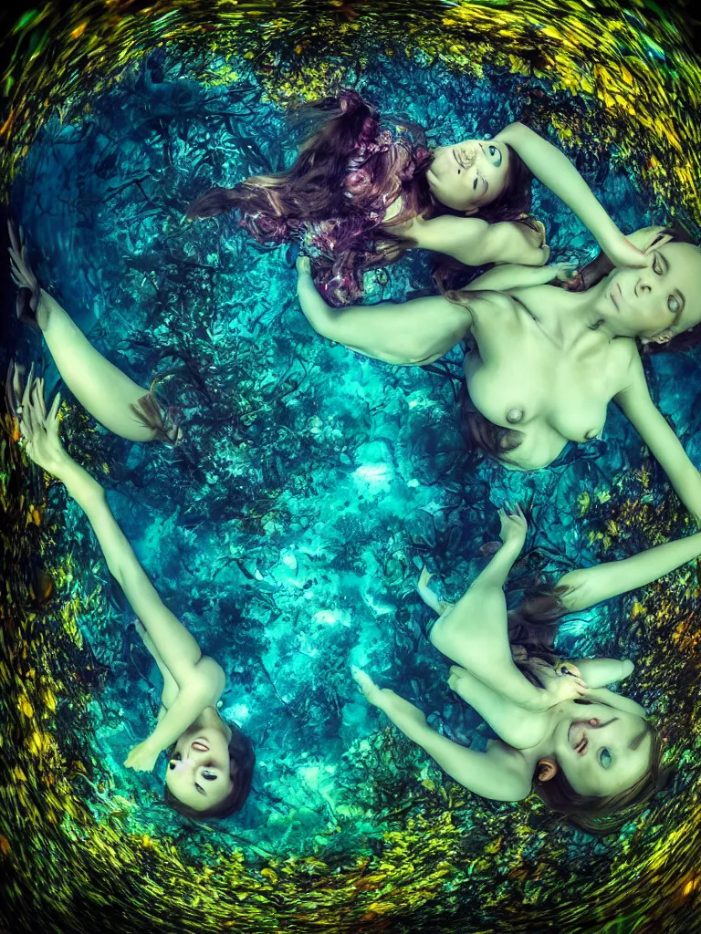 Prompt: succubus and sleeping woman underwater photography, hyper detailed, light from above, bubbles of prismatic light, fine net of plasm in background, fractal plants to each side, fisheye lense