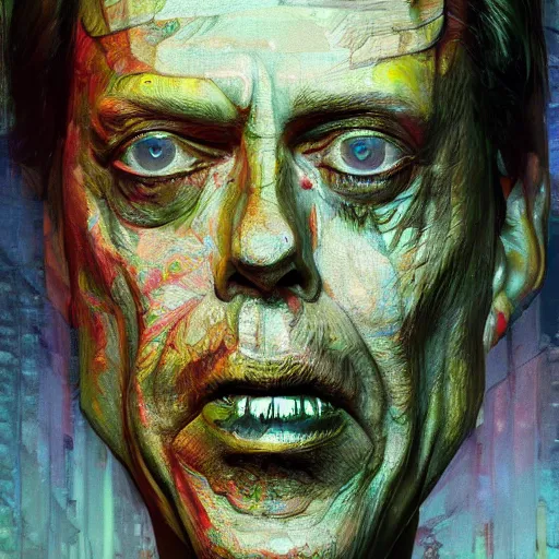 Image similar to a realistic octane render of steve buscemi, physically based rendering of chrome plated steve buscemi, trending on artstation, by archan nair and marlene dumas, intricate details, gilded, in the style of frank auerbach