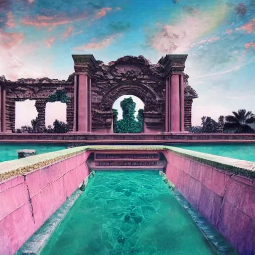 Image similar to masterpiece, hyperrealistic surrealism, award winning masterpiece with incredible details, epic stunning, infinity pool, a surreal vaporwave liminal space, highly detailed, trending on ArtStation, broken giant marble head statue ruins, calming, meditative, pink arches, flowing silk sheets, dreamscape, palm trees, very vaporwave, very very surreal, sharp details, artgerm and greg rutkowski and alphonse mucha, daily deviation, IAMAG