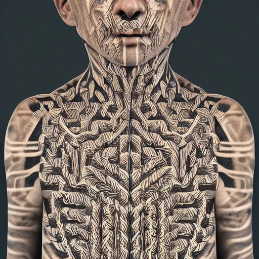 Image similar to : human with maze pattern skin all over hyper detailed art station  dalle2 3d render unity gigapixel  unrealengine trending on artstation,cinematic, hyper realism, high detail, octane render, 8k