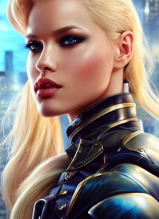 Image similar to photo of a gorgeous blonde female in cyperpunk city, realistic, sharp focus, 8 k high definition, insanely detailed, intricate, elegant, art by stanley lau and artgerm, greg kutkowski