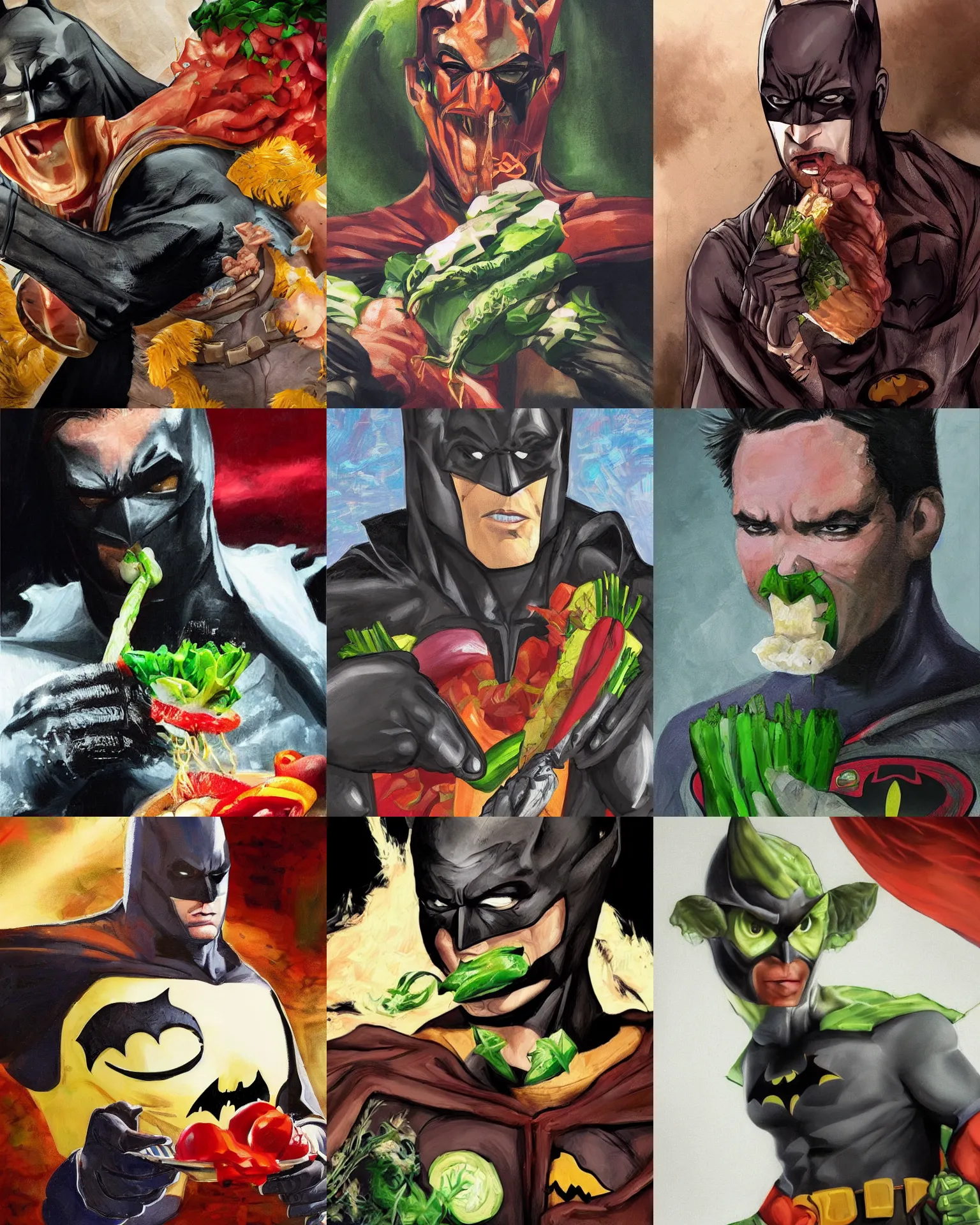 Image similar to A stunning portrait of Batman eating vegetable, masterpiece, Trending on Artstation, 8K