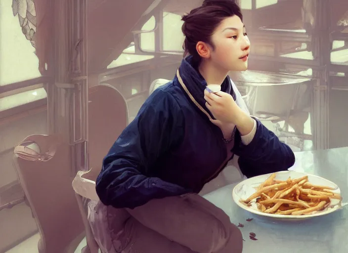 Prompt: Asian Italian young woman wearing cream jacket and navy active adidas pants, drinking vanilla shake and eating fries with ketchup, sigma female, accurately portrayed, portrait art by alphonse mucha and greg rutkowski, highly detailed, digital painting, concept art, illustration, trending on artstation, very detailed, smooth, sharp focus, octane render, close up