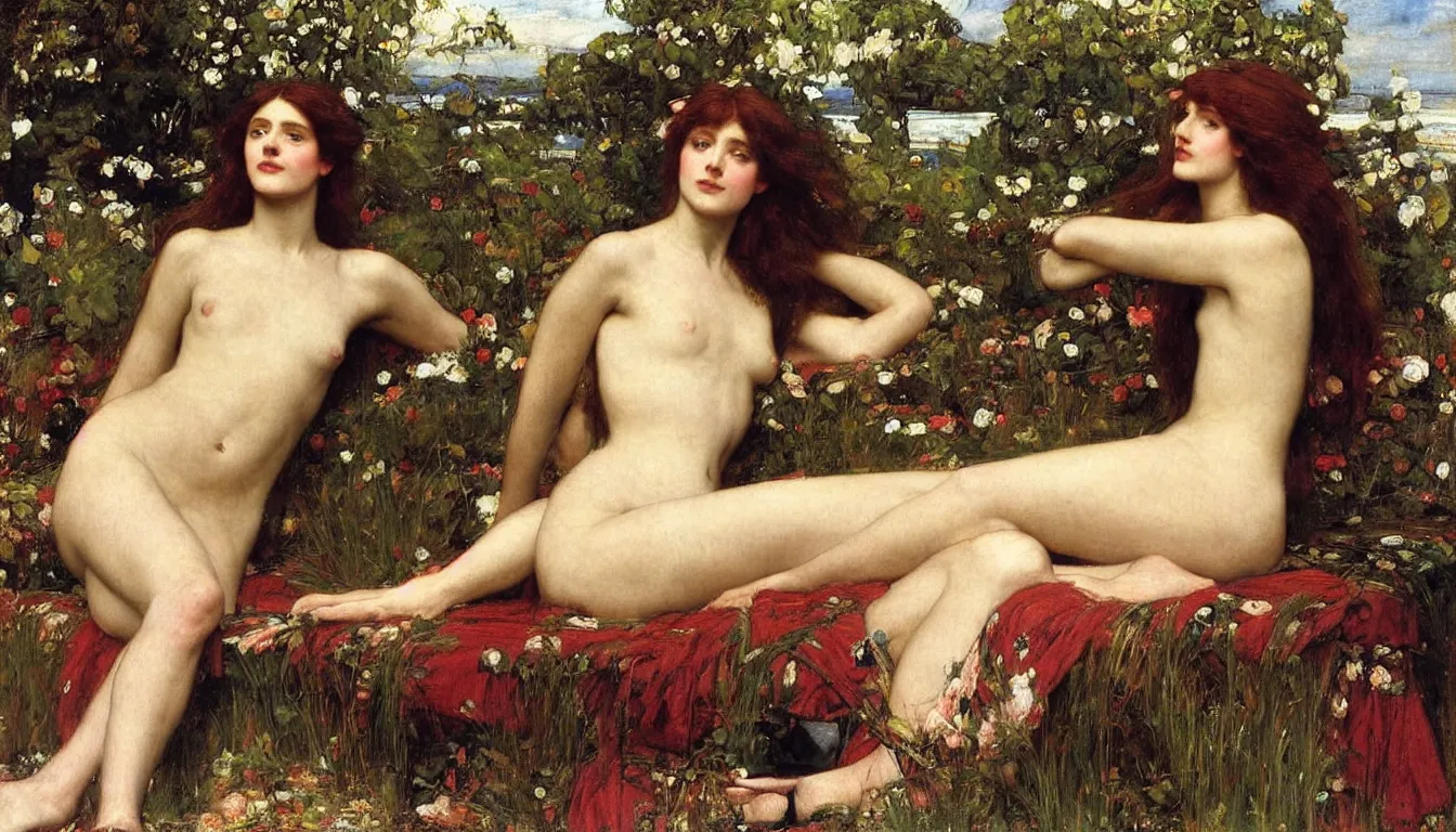 Image similar to A striking Pre-Raphaelite muse at leisure by John Collier, by John William Waterhouse, John Everett Millais