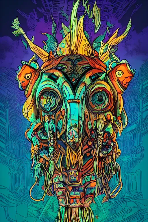 Image similar to totem animal tribal chaman vodoo mask feather gemstone plant video game illustration vivid color borderlands by josan gonzales and dan mumford radiating a glowing aura