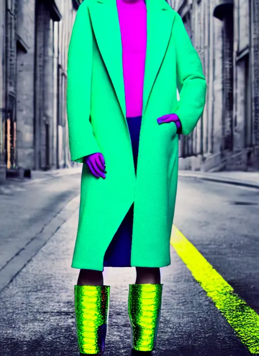 Image similar to coat for a rave, bright colors, many details, prints, photo for a magazine, photo for a store, fashion photography, Vogue, 135 mm, cinematic, hyper realism, high detail, 8k, chrome accents, perfect face