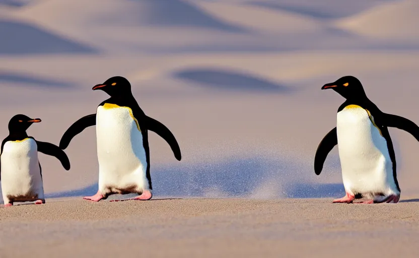 Image similar to happy penguins in sand dunes, photography