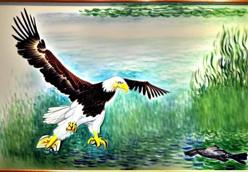 Prompt: action shot of bald eagle with fish, black and yellow and white framed painting hanging in living room, monet, watercolour