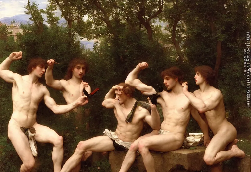 Prompt: pre-Raphaelite male muscular athletic gamers playing games on laptops by Bouguereau