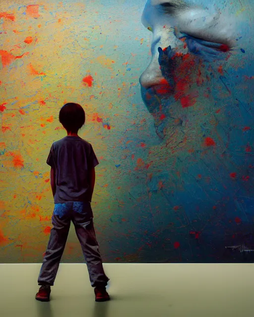 Image similar to 8k professional photo of an 8 years old boy standing in front of a computer from 90s monitor screen, Beksinski impasto painting, part by Adrian Ghenie and Gerhard Richter. art by Takato Yamamoto, masterpiece