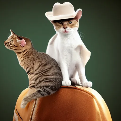 Image similar to a cat riding on a dog's back. the cat is wearing a cowboy hat. hd photograph.