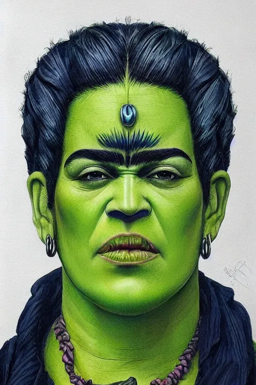 Image similar to ultra detailed incredible hulk portrait in the style of Frida Kahlo