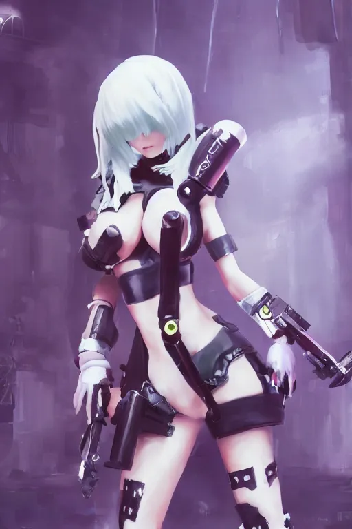 Prompt: full body girl splatoon game nintendo not sexy poses nier automata oil painting on canvas, trending on artstation, featured on pixiv, cinematic composition, 8 k