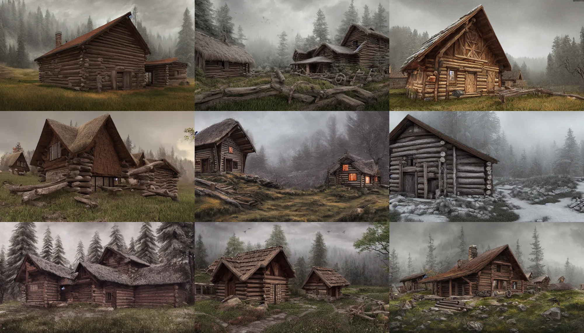 Prompt: proto - slavic wooden village palisaded, log house, build in a hills, grey sky, hyperdetailed, artstation, cgsociety, 8 k