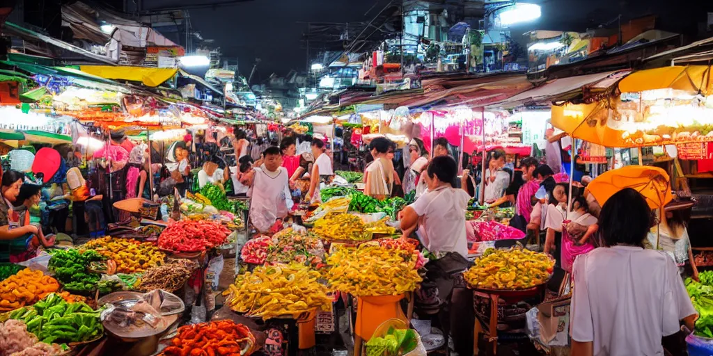 Prompt: bangkok night market with food stalls and vegetable stands, raining, photography